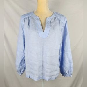 H Halston Women's Beachy Coastal Nautical Blue 100% Linen Women’s Top sz L